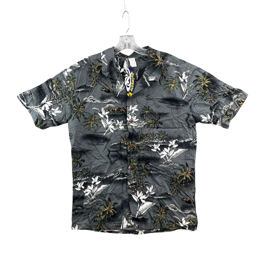 Palmwave Button Down Shirt Mens Medium Grey NEW Hawaiian Tropical Island Map